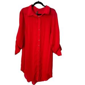 NWT Torrid Shirt Dress Women Size 1 Red Long Sleeve Roll Tab Button Up Midi